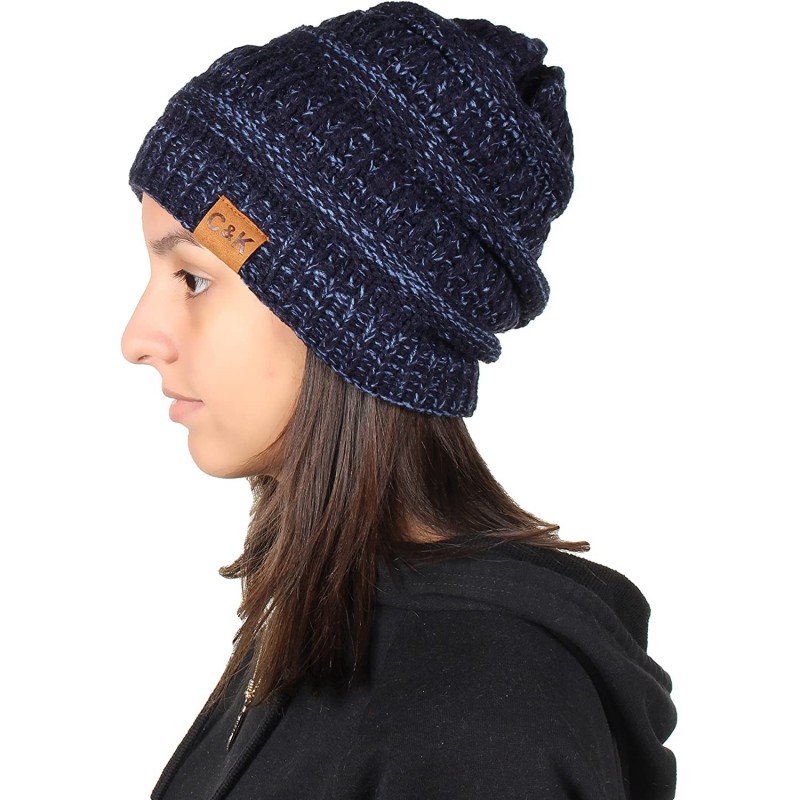 Skullies & Beanies Knit Beanie Trendy Warm Chunky Thick Soft Warm Winter Hat Beanie Skully - Navy/Denim - CH189LHXWHG $14.48