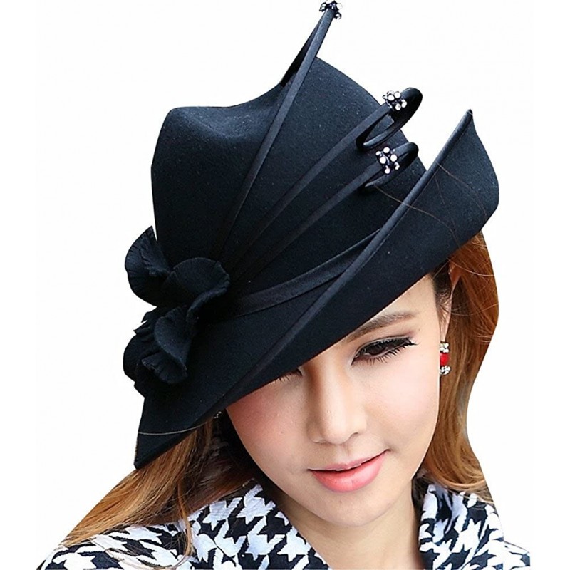 Fedoras Fashion Wool Hats for Women Felt Hat Fedoras - Black - CX11I5W9IEB $33.19