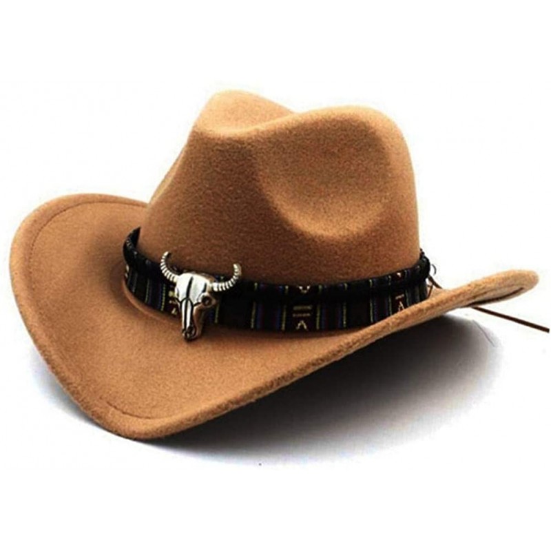 Cowboy Hats Mens Womens Wool Felt Western Cowboy Hat Outdoor Wide Brim Hat Caps with Strap - Khaki - CF18LZMW65L $18.93