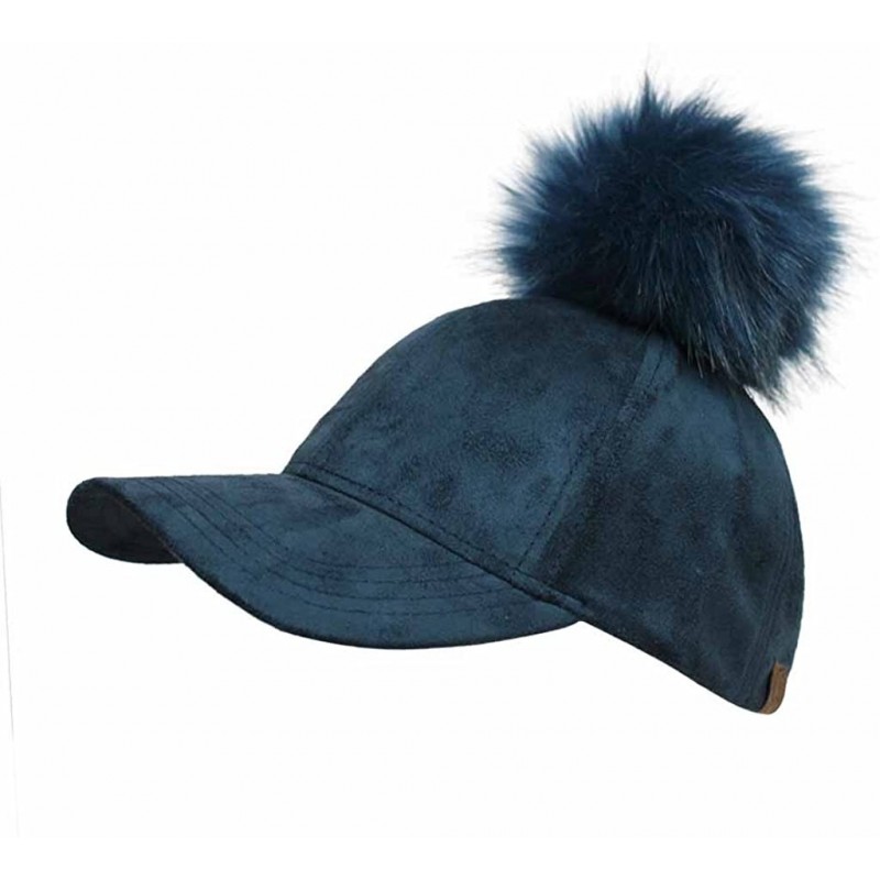 Baseball Caps Suede Removable Fur Pom Pom Baseball Cap - Navy - C812LHKBQUL $11.19