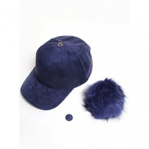 Baseball Caps Suede Removable Fur Pom Pom Baseball Cap - Navy - C812LHKBQUL $11.19