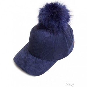 Baseball Caps Suede Removable Fur Pom Pom Baseball Cap - Navy - C812LHKBQUL $11.19