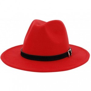 Fedoras Mens Fedora Hat Faux Felt Wide Brim Belt Buckle Cowboy Hat - D Red - CN1933WY36U $10.83