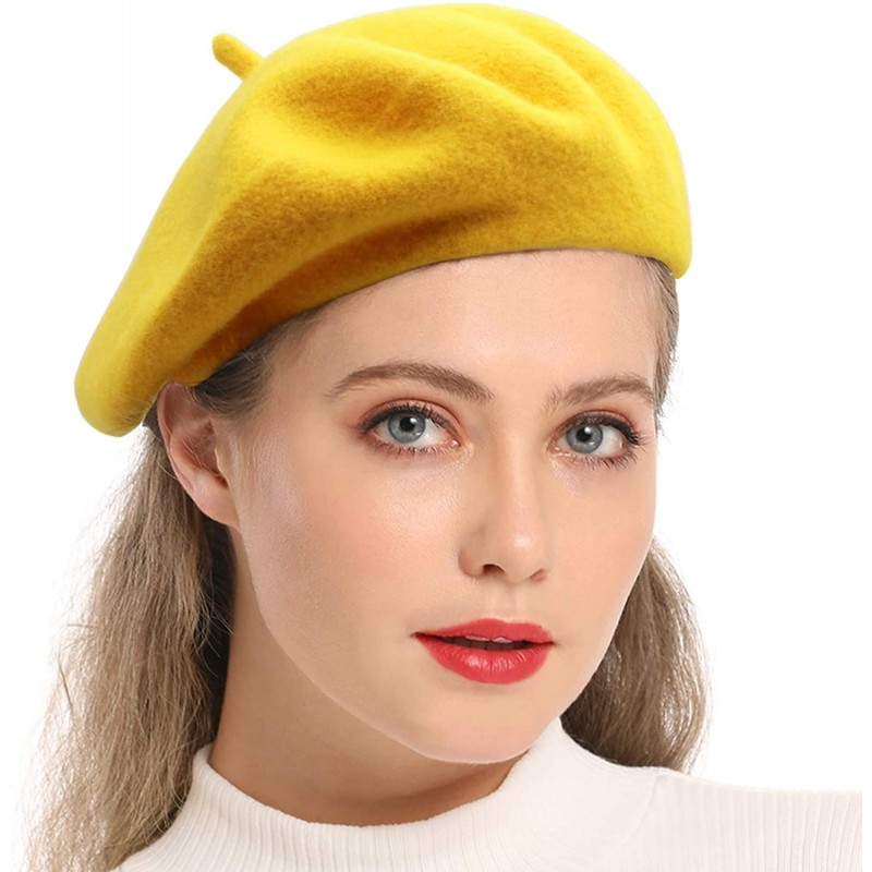 Berets Wool Beret Hat-Solid Color French Style Winter Warm Cap for Women Girls Lady - Beret Hat-dark Yellow-fba - CW18OZ33RGG...