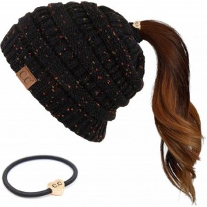 Skullies & Beanies Ribbed Confetti Knit Beanie Tail Hat for Adult Bundle Hair Tie (MB-33) - Black (With Ponytail Holder) - CK...