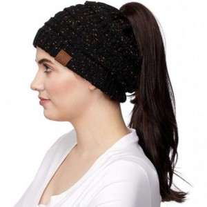 Skullies & Beanies Ribbed Confetti Knit Beanie Tail Hat for Adult Bundle Hair Tie (MB-33) - Black (With Ponytail Holder) - CK...