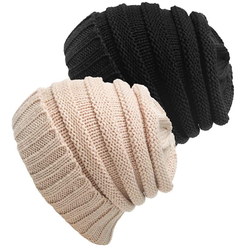 Skullies & Beanies Womens Slouchy Winter Knit Beanie Hats Warm Chunky Ski Cap Soft Skull Knit Cap for Women - ②black&beige - ...