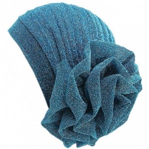 Skullies & Beanies Shiny Flower Turban Shimmer Chemo Cap Hairwrap Headwear Beanie Hair Scarf - Lake Blue - CW18ZW5NULC $11.93
