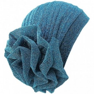 Skullies & Beanies Shiny Flower Turban Shimmer Chemo Cap Hairwrap Headwear Beanie Hair Scarf - Lake Blue - CW18ZW5NULC $11.93