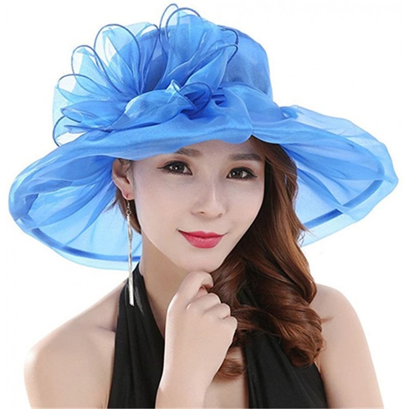 Sun Hats Women's Organza Summer Sun Hat Bridal Cap Beach Church Ascot Race Derby Hat Cocktail Party Wedding Cap - Blue - CB18...