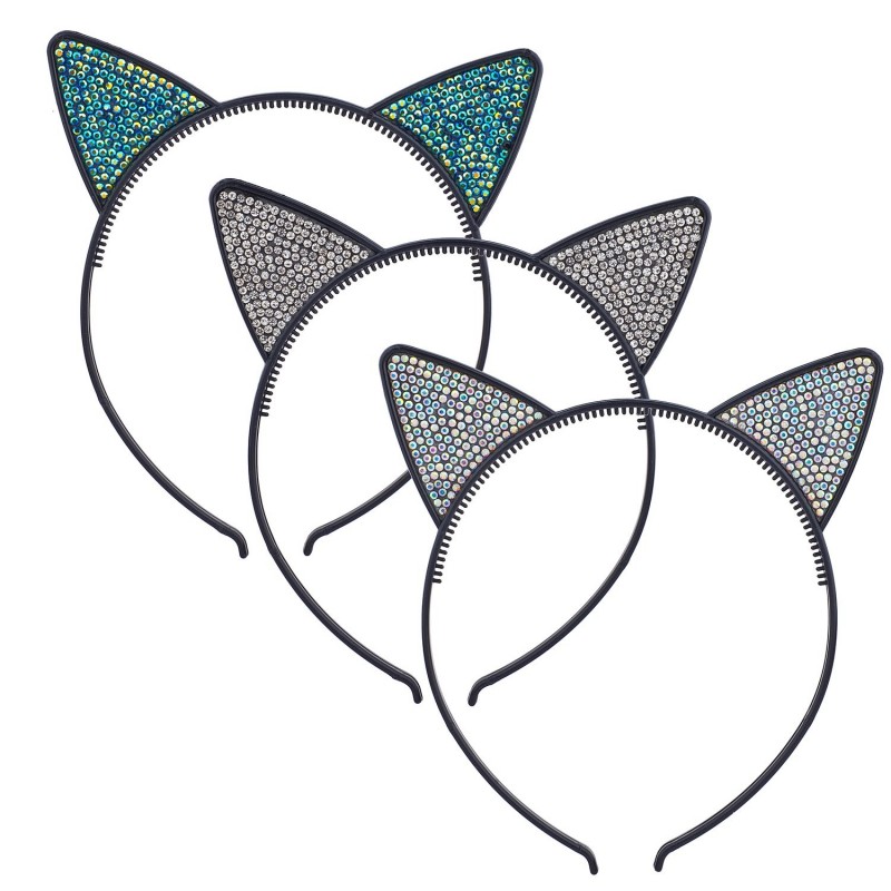 Headbands Black Faux Silver Rhinestones Kitty Cat Ears Headband Set of 3 - CR18G298E0W $10.09