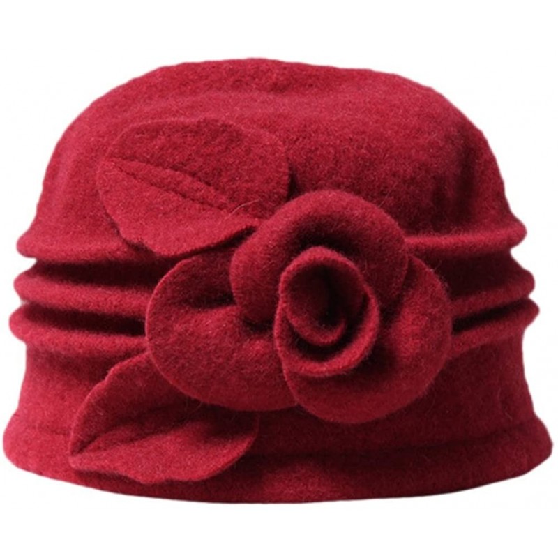 Fedoras Women 100% Wool Solid Color Round Top Cloche Beret Cap Flower Fedora Hat - 4 Dark Red - CO186WYCGET $19.15