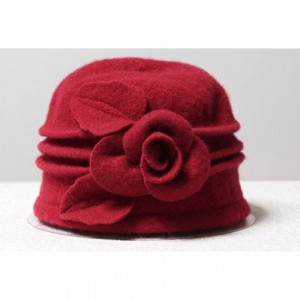 Fedoras Women 100% Wool Solid Color Round Top Cloche Beret Cap Flower Fedora Hat - 4 Dark Red - CO186WYCGET $19.15