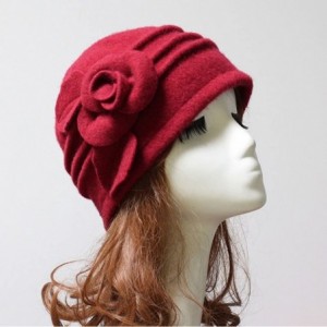 Fedoras Women 100% Wool Solid Color Round Top Cloche Beret Cap Flower Fedora Hat - 4 Dark Red - CO186WYCGET $19.15