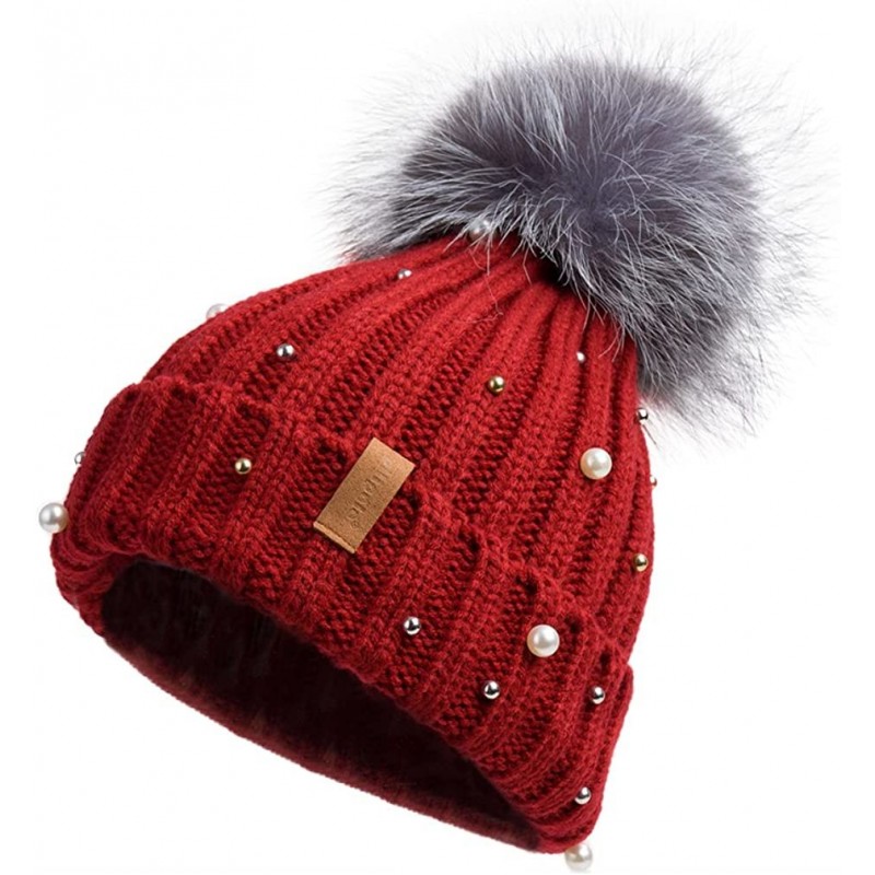 Skullies & Beanies Women Knit Winter Turn up Beanie Hat with Pearl and Fur Pompom - Wine(gray Pompom) - CF185K0A7OM $13.98