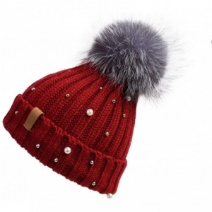 Skullies & Beanies Women Knit Winter Turn up Beanie Hat with Pearl and Fur Pompom - Wine(gray Pompom) - CF185K0A7OM $13.98
