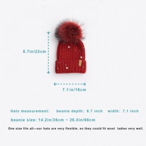 Skullies & Beanies Women Knit Winter Turn up Beanie Hat with Pearl and Fur Pompom - Wine(gray Pompom) - CF185K0A7OM $13.98