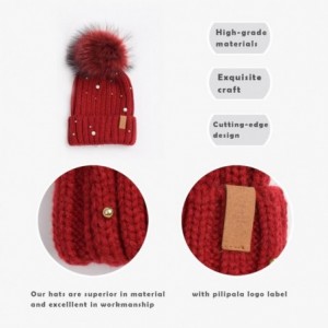 Skullies & Beanies Women Knit Winter Turn up Beanie Hat with Pearl and Fur Pompom - Wine(gray Pompom) - CF185K0A7OM $13.98