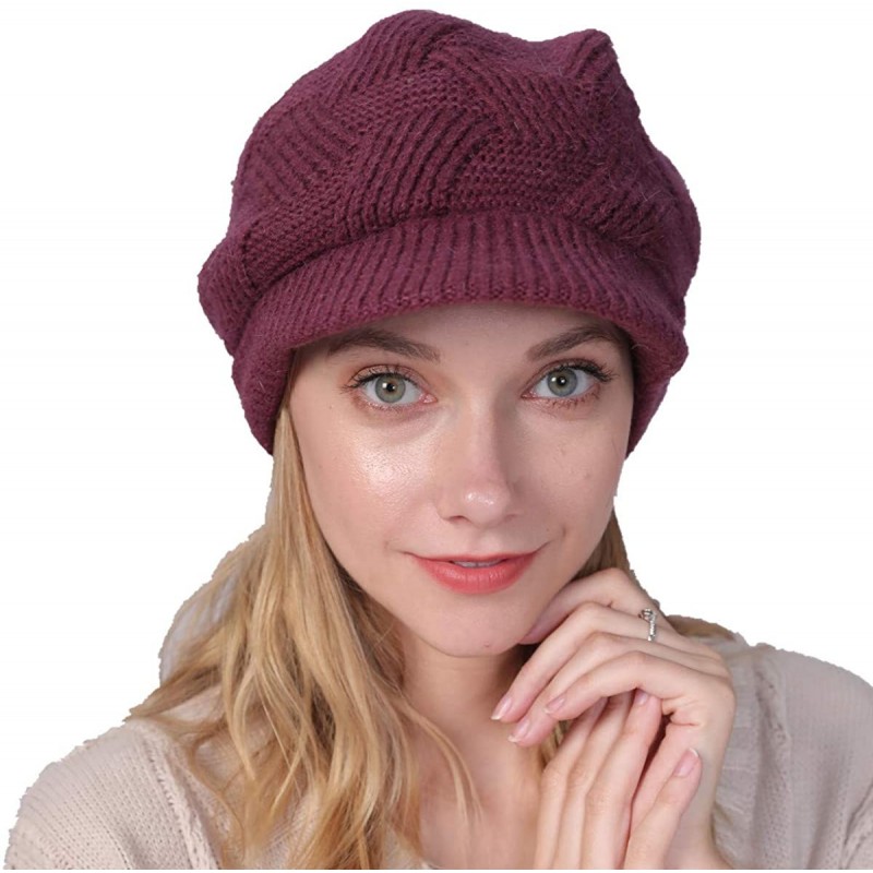 Skullies & Beanies Women's Winter Beanie Newsboy Cap Warm Fleece Lining - Thick Slouchy Cable Knit Skull Hat Ski Cap - Grape ...