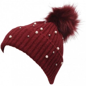 Skullies & Beanies Knit Wool Winter Beanie with Pom Embellished with Faux White and Silver Pearls - Burgundy - CB18K0MN8QG $1...