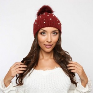 Skullies & Beanies Knit Wool Winter Beanie with Pom Embellished with Faux White and Silver Pearls - Burgundy - CB18K0MN8QG $1...