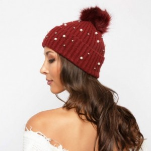 Skullies & Beanies Knit Wool Winter Beanie with Pom Embellished with Faux White and Silver Pearls - Burgundy - CB18K0MN8QG $1...