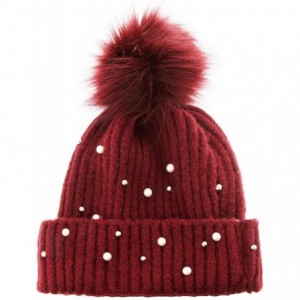 Skullies & Beanies Knit Wool Winter Beanie with Pom Embellished with Faux White and Silver Pearls - Burgundy - CB18K0MN8QG $1...