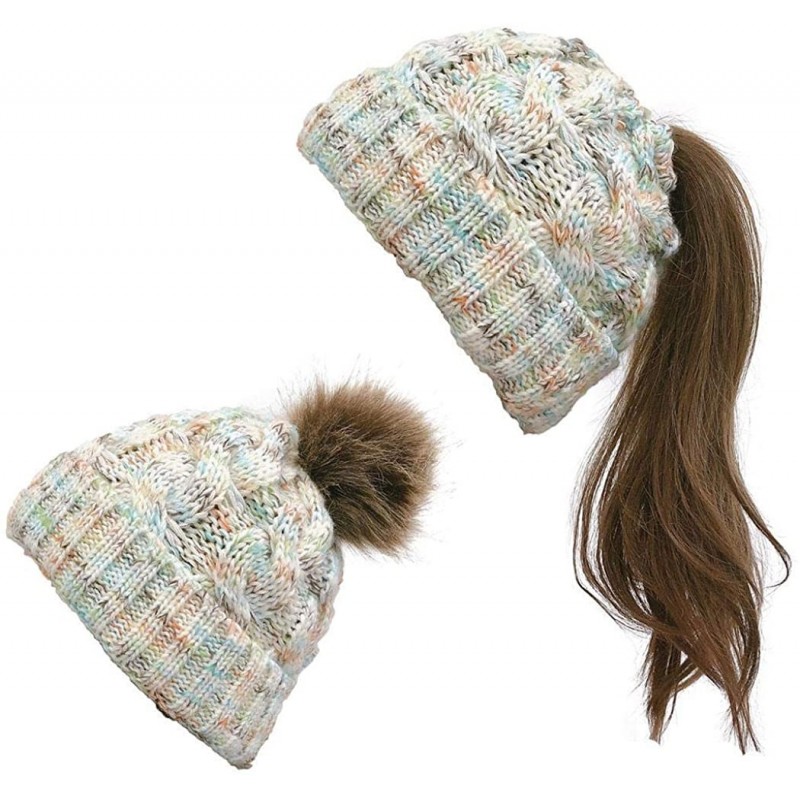 Skullies & Beanies Women Fashion Winter Warm Ponytail Patchwork Knitted Cap Hats & Caps - White - CC18AK24T3N $16.08