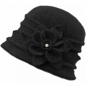 Bucket Hats Women's 100% Wool Vintage Ruffle Flower Bucket Hat/Cloche Hat- Black - C412O06WETX $56.50