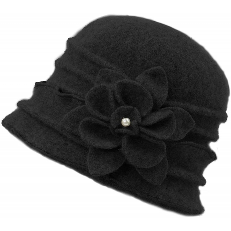 Bucket Hats Women's 100% Wool Vintage Ruffle Flower Bucket Hat/Cloche Hat- Black - C412O06WETX $24.12