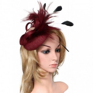 Berets Womens Fascinator Hat Sinamay Pillbox Flower Feather Tea Party Derby Wedding Headwear - Z Wine Red - CD195MZ200O $11.84