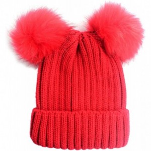 Skullies & Beanies Double Faux Fur Pom Pom Cable Knit Cuff Beanie Hat - Red - CZ12N7DWSQI $10.50