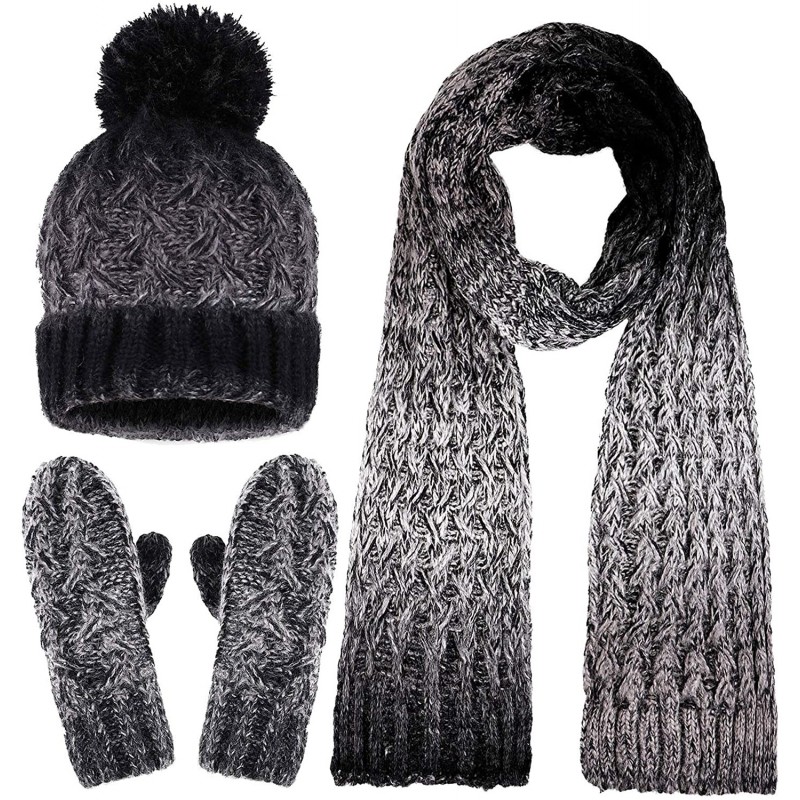 Skullies & Beanies Adult Women's 3 Piece Winter Set - Pompom Beanie Hat- Scarf- Mittens - Black/Grey Gloves No Lined - CJ18HA...