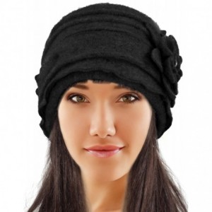 Bucket Hats Women's 100% Wool Vintage Ruffle Flower Bucket Hat/Cloche Hat- Black - C412O06WETX $24.12