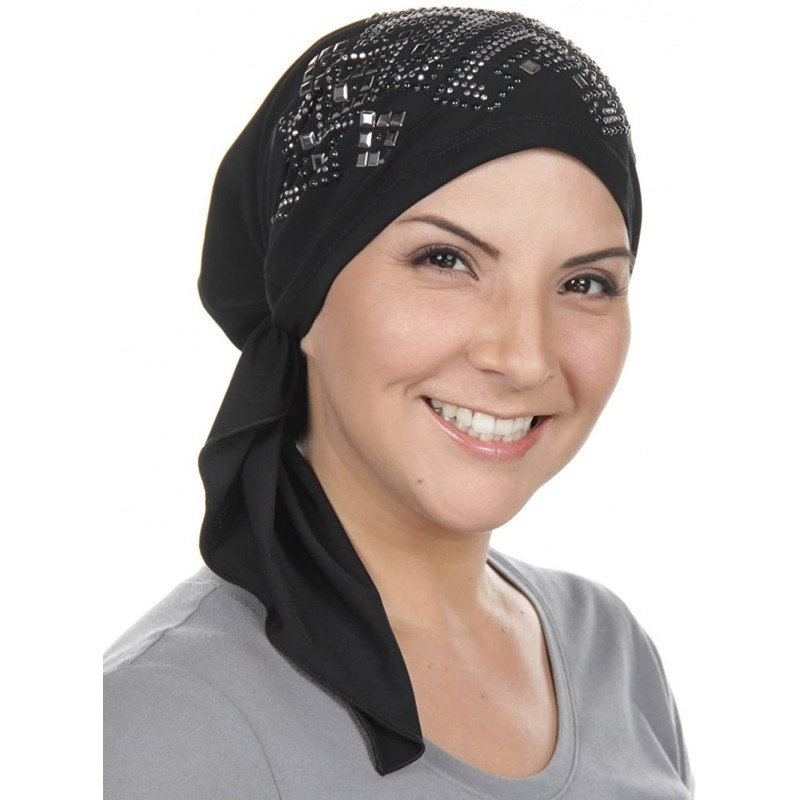 Skullies & Beanies The Bella Scarf Pre-Tied Chemo Headwear w/Rhinestone Embellishments - 16 -Black W/Rhinestud Aztec Pattern ...