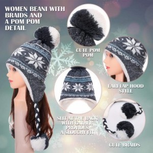 Skullies & Beanies Women Girl Winter Knit Beanie Soft Warm Fleece Lining Pompoms Hats Snow Ski Cap - Black With Braid - CZ192...