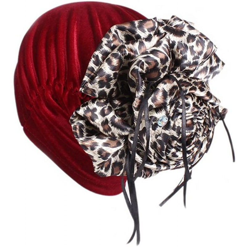 Skullies & Beanies Womens Removable Bowknot Hijab Turban Dual Purpose Cap - Leopard Wine - CN18DI3H7TU $14.33