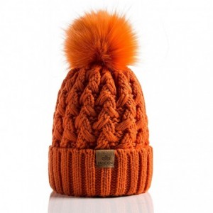 Skullies & Beanies Womens Winter Ribbed Beanie Crossed Cap Chunky Cable Knit Pompom Soft Warm Hat - Orange - CF18WLNMOQG $26.90