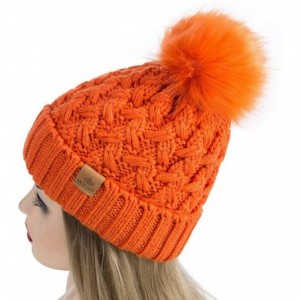 Skullies & Beanies Womens Winter Ribbed Beanie Crossed Cap Chunky Cable Knit Pompom Soft Warm Hat - Orange - CF18WLNMOQG $13.27