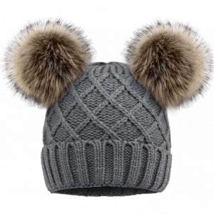 Skullies & Beanies Womens Beanie Winter Cable Knit Faux Fur Pompom Ears Beanie Hat - Grey Hat Coffee Ball - CZ1923AHXAR $16.80