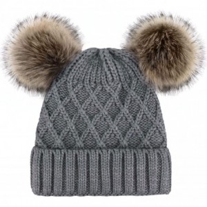 Skullies & Beanies Womens Beanie Winter Cable Knit Faux Fur Pompom Ears Beanie Hat - Grey Hat Coffee Ball - CZ1923AHXAR $16.80