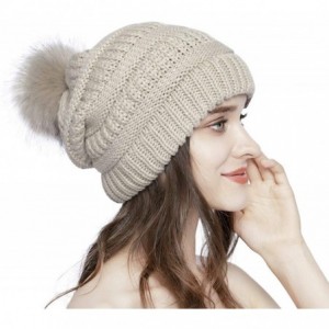 Skullies & Beanies Women Knit Beanie hat with Faux Fur Pom Pom Hats Thick Soft Warm Slouchy Chunky Baggy Ski Cap for Lady - C...