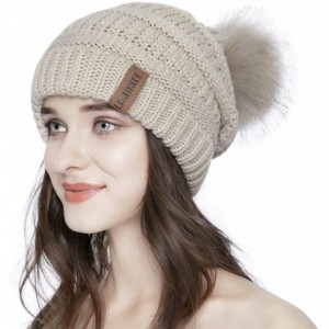 Skullies & Beanies Women Knit Beanie hat with Faux Fur Pom Pom Hats Thick Soft Warm Slouchy Chunky Baggy Ski Cap for Lady - C...