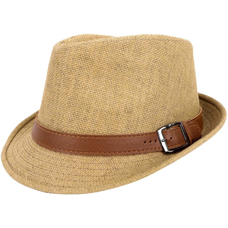 Fedoras Men/Women's Hiking Camping Straw Fedora Hat w/PU Leather Belt - Khaki - CO18CRIAQWO $10.46