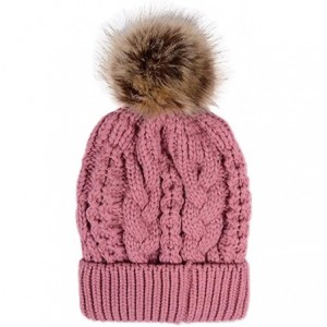 Skullies & Beanies Women's Faux Fur Pom Pom Fleece Lined Knitted Slouchy Beanie Hat Cap - Dark Pink - CC1299E6323 $27.17