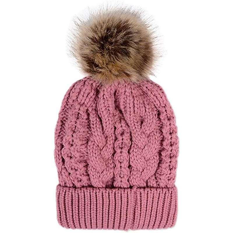 Skullies & Beanies Women's Faux Fur Pom Pom Fleece Lined Knitted Slouchy Beanie Hat Cap - Dark Pink - CC1299E6323 $27.17