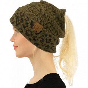 Skullies & Beanies Ponytail Messy Bun BeanieTail Soft Winter Knit Stretch Beanie Hat - Leopard New Olive - CJ18AEK6ICH $14.03