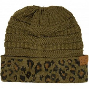 Skullies & Beanies Ponytail Messy Bun BeanieTail Soft Winter Knit Stretch Beanie Hat - Leopard New Olive - CJ18AEK6ICH $14.03