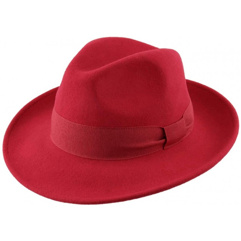 Fedoras Fedora Wool Felt Fedora Hat Packable Water Repellent - Rouge - CO12O7PLODX $46.46