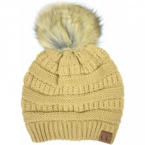 Skullies & Beanies Soft Stretch Cable Knit Ribbed Faux Fur Pom Pom Beanie Hat - Camel - CS12NTU7N6X $15.60